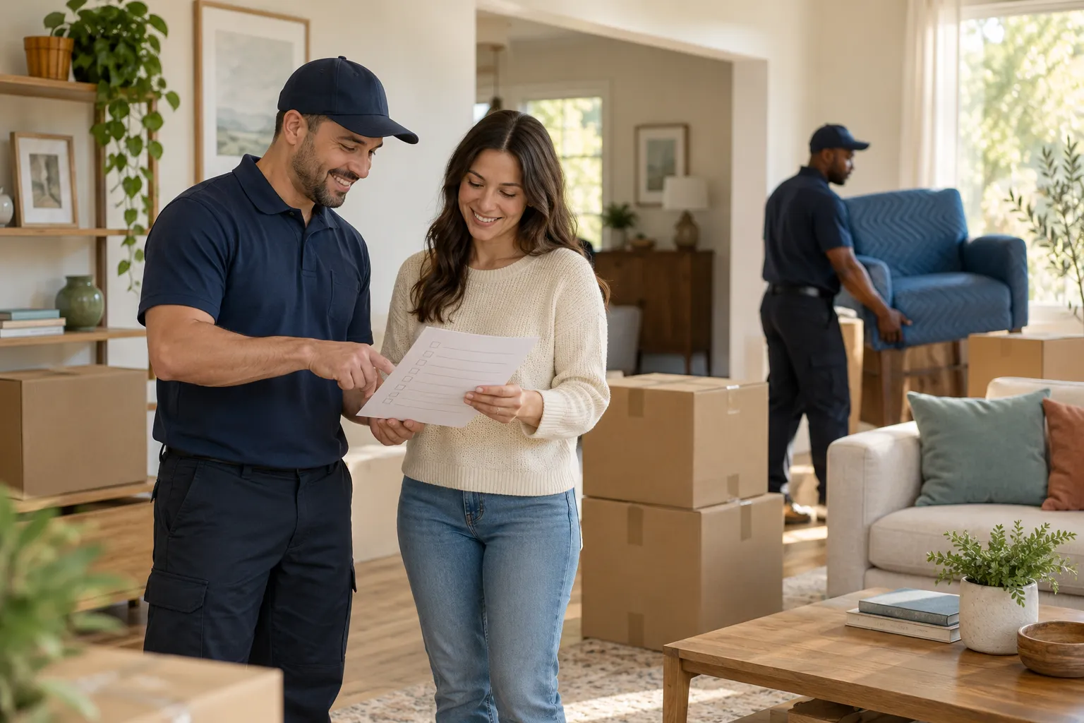Mover reviewing a moving checklist with a customer